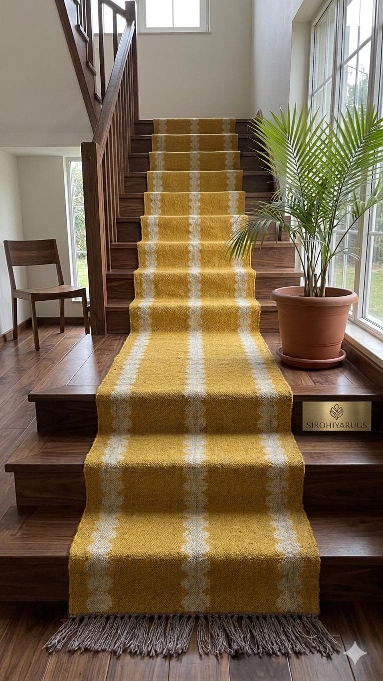 Mustard Yellow Stair Runner Rug, Handwoven Jute Stair Carpet, Farmhouse Staircase Runner, Boho Natural Fiber Rug, Rustic Striped Runner