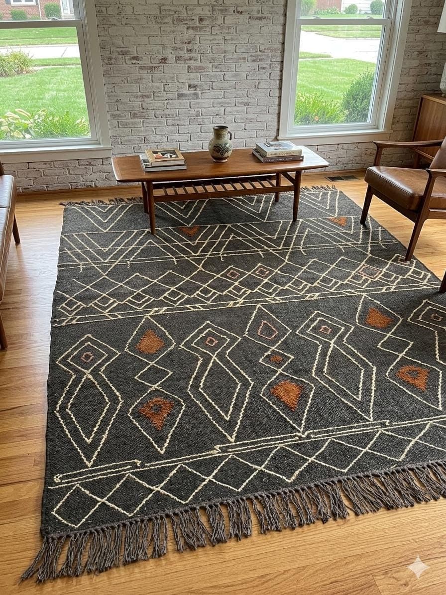 Black Geometric Rug,Handmade Wool Area Rug,Boho Tribal Carpet,Large Living Room Rug,Modern Farmhouse Decor,Southwestern Style Rugwith Fringe