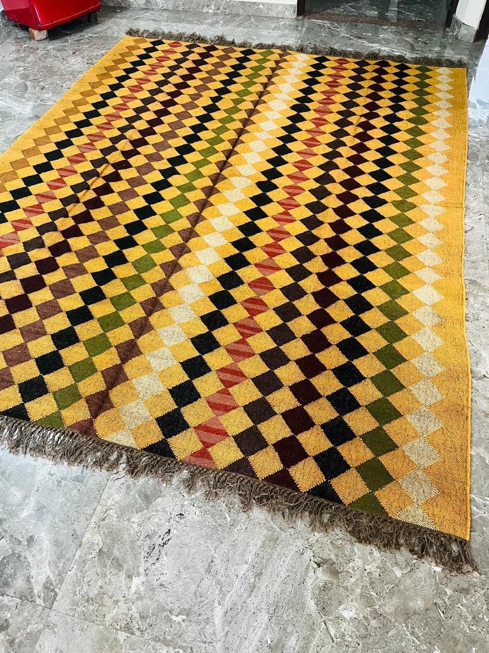 Vintage Mustard Checkered Runner Rug, Boho Geometric Hallway Rug, Fringe Entryway Carpet, Retro Kitchen Runner, Mid Century Floor Decor - image 4