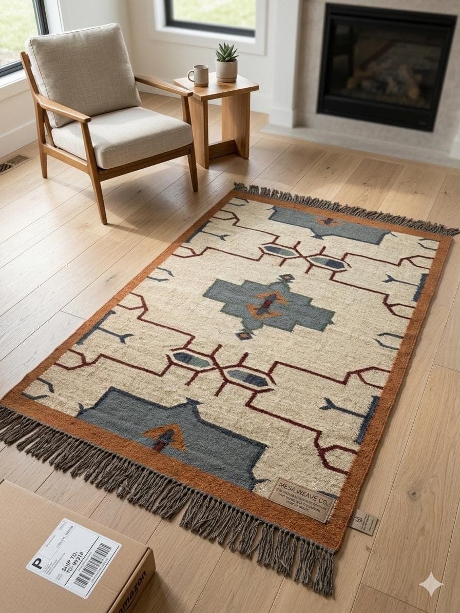 Southwestern Geometric Area Rug with Fringe, Boho Tribal Wool Carpet, Neutral Beige Rustic Living Room Rug, Handmade Style Decor