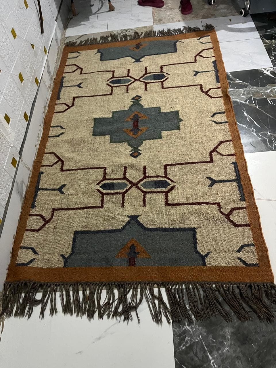 Southwestern Geometric Area Rug with Fringe, Boho Tribal Wool Carpet, Neutral Beige Rustic Living Room Rug, Handmade Style Decor - image 5