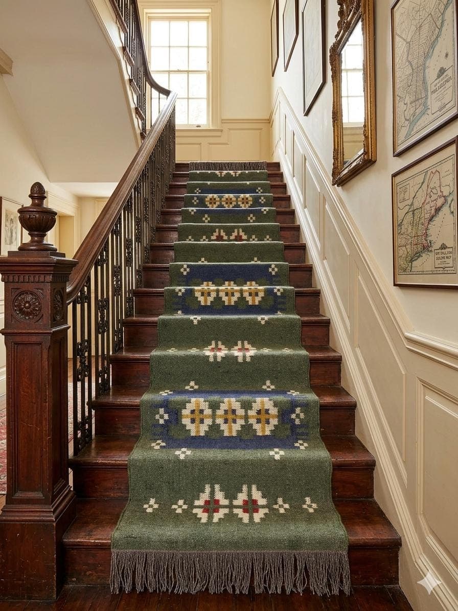 Vintage Stair Runner Rug, Green Geometric Hallway Carpet, Traditional Wool Staircase Runner, Farmhouse Entryway Decor, Custom Length Rug