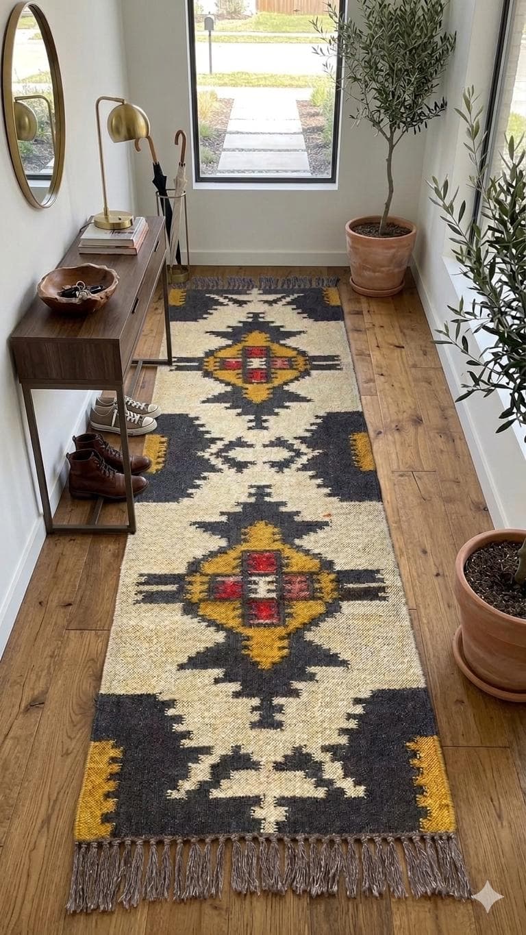 Handwoven Wool & Jute Aztec Runner Rug | Tribal Geometric Hallway Runner | Boho Southwestern Carpet | Entryway Farmhouse Rug