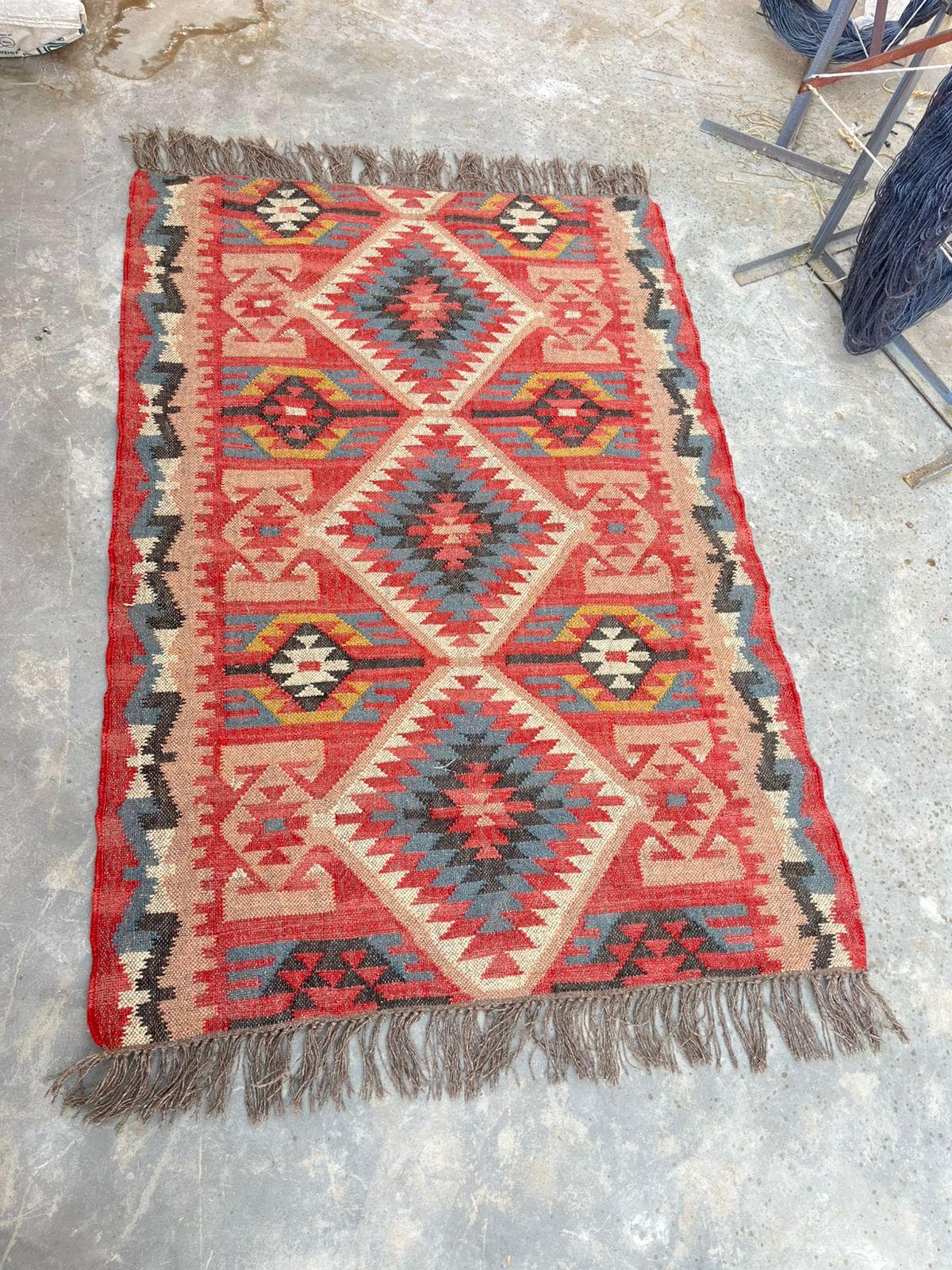 Handmade Wool Jute Boho Area Rug, Southwestern Tribal Geometric Rug, Rustic Farmhouse Living Room Carpet, Bohemian Floor Rug with Fringe - image 5