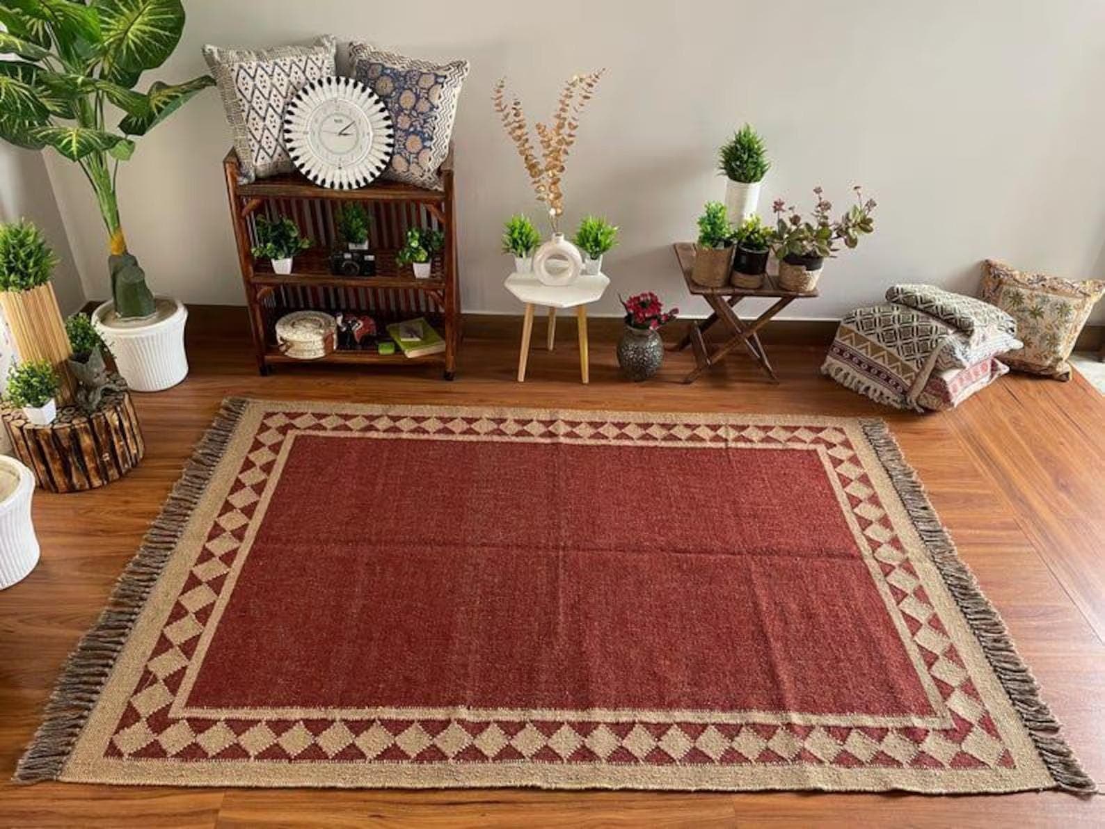 Rust Red Area Rug, Geometric Border Living Room Carpet, Boho Farmhouse Bedroom Rug, Tribal Woven Floor Rug, Rustic Fringe Accent Decor