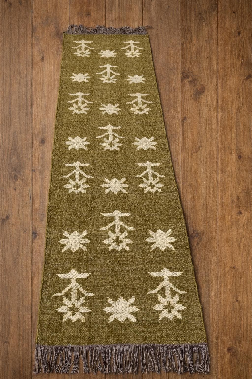 Handmade Olive Green Wool Jute Stair Runner - Tribal Pattern Kilim Rug for Hallway & Entryway - Farmhouse Porch Decor - Custom Size Runner - image 4