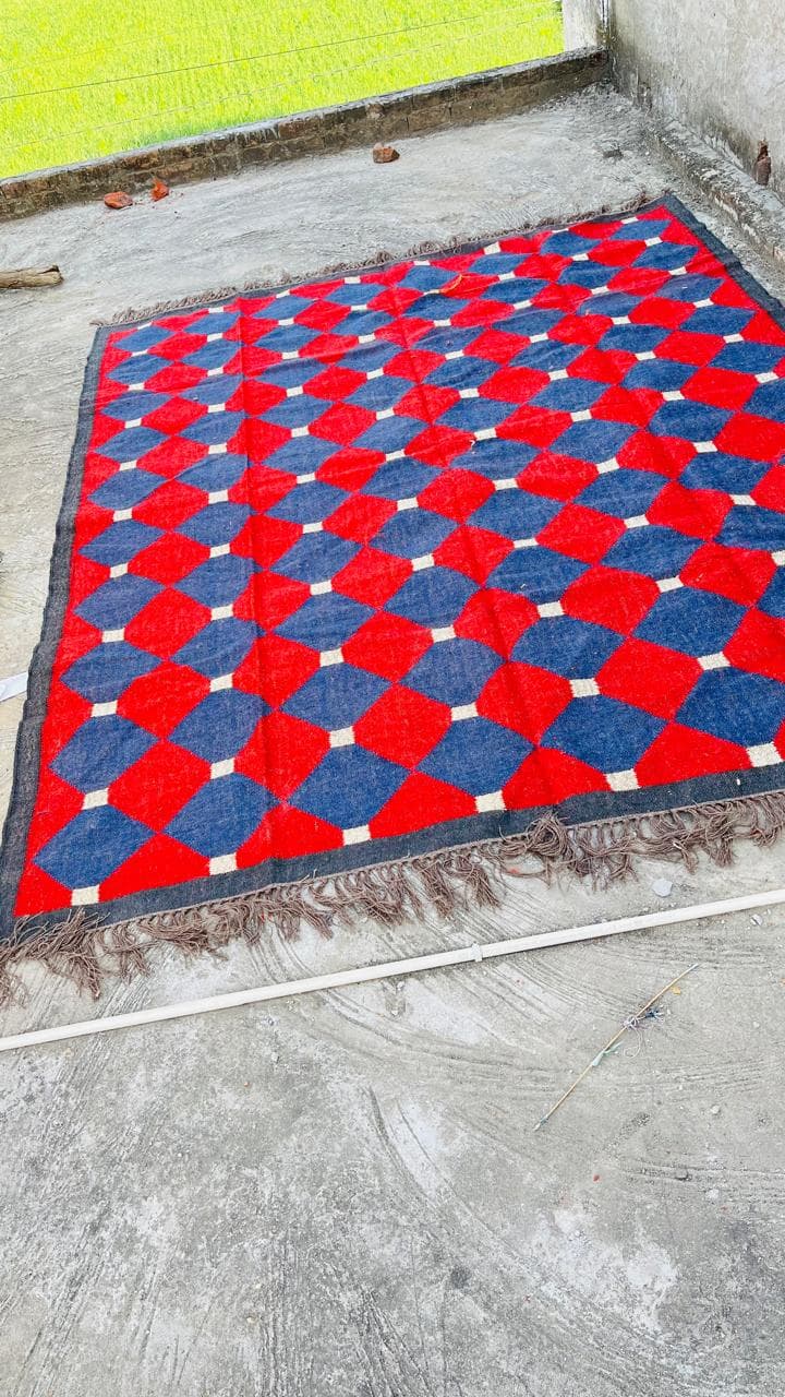 Handwoven Geometric Area Rug, Modern Wool Rug, Red Blue Diamond Pattern Carpet, Contemporary Boho Rug, Handmade Living Room Rug - image 4