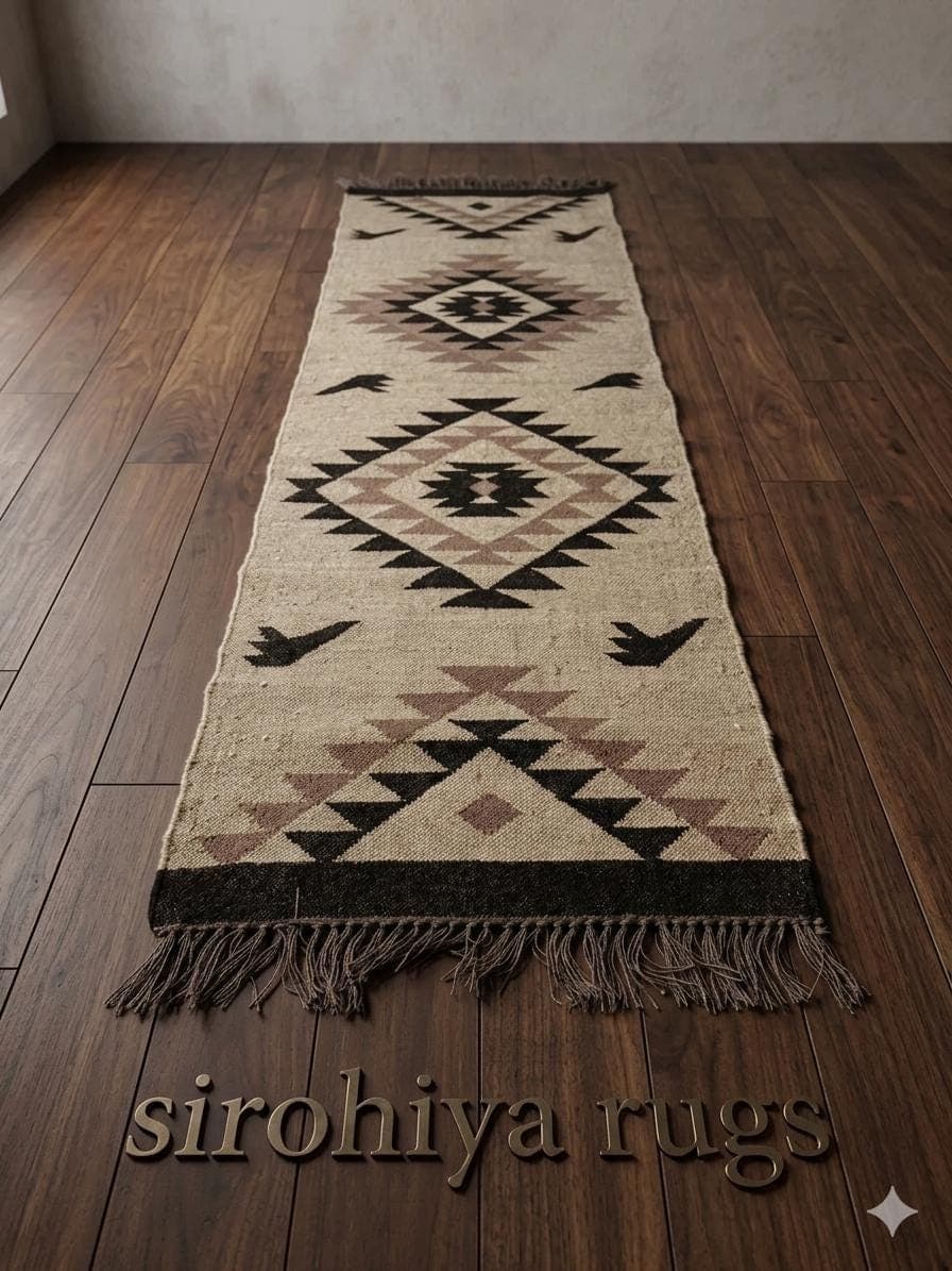 Boho Tribal Runner Rug, Southwestern Hallway Rug, Handmade Kilim Style Runner, Neutral Beige Black Geometric Rug, Farmhouse Entryway  Runner