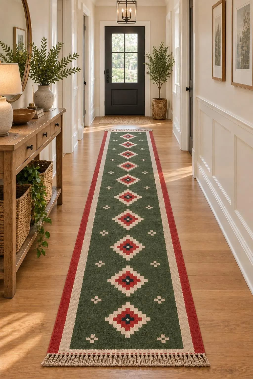 Green Red Wool Jute Stair Runner, Handwoven Southwestern Geometric Kilim Rug, Tribal Boho Stair Carpet, Farmhouse Stair Runner, Custom Size - image 2