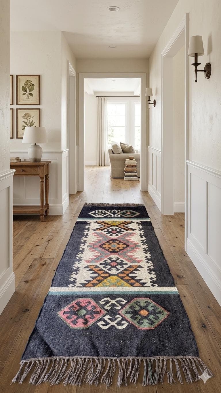 Southwestern Kilim Runner Rug, Handwoven Wool Jute Hallway Runner, Tribal Geometric Boho Runner, Vintage Farmhouse Corridor Rug