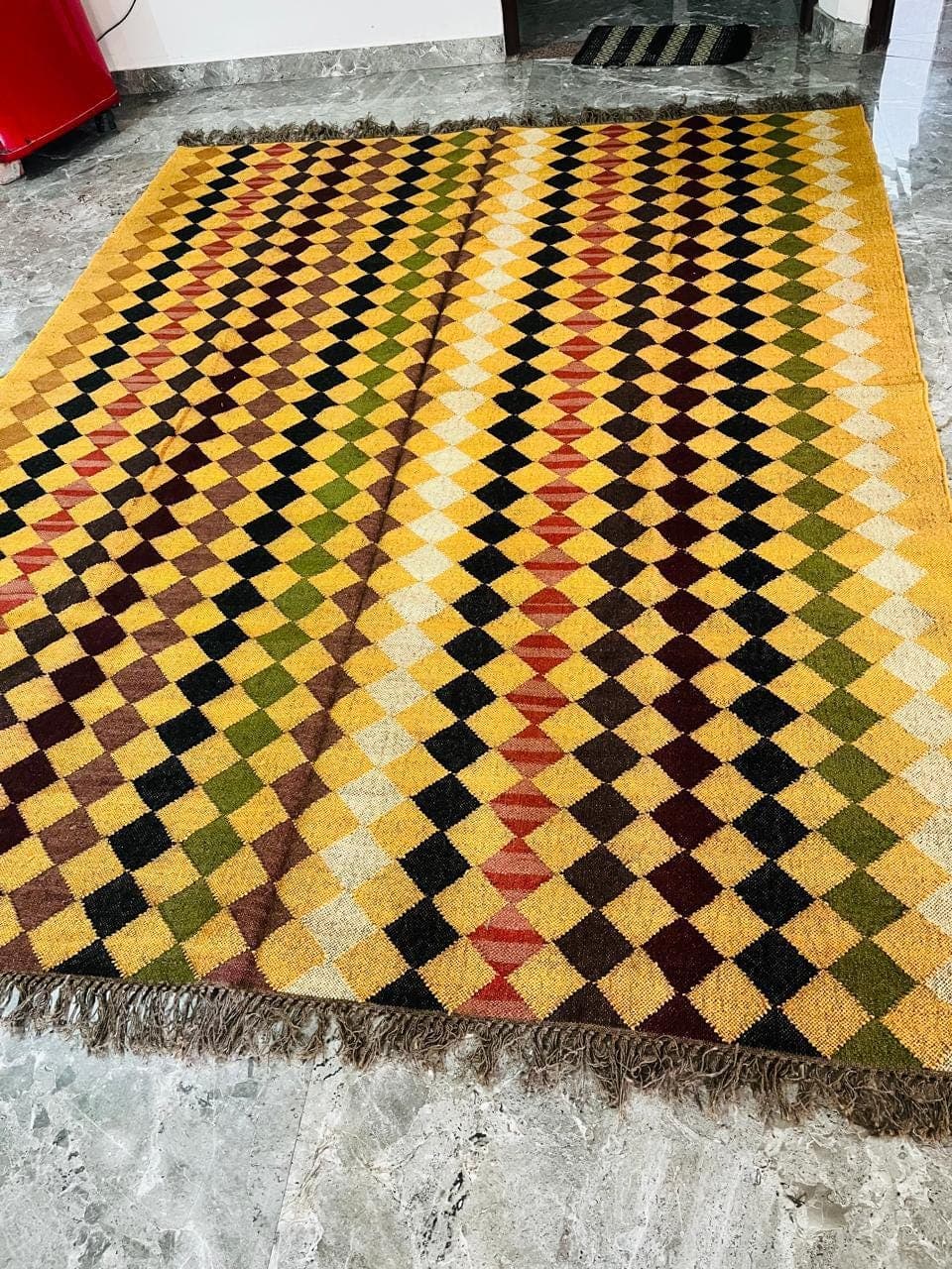 Vintage Mustard Checkered Runner Rug, Boho Geometric Hallway Rug, Fringe Entryway Carpet, Retro Kitchen Runner, Mid Century Floor Decor - image 3