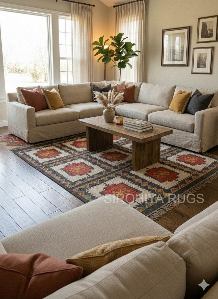Handmade Southwestern Kilim Rug, Vintage Style Tribal Area Rug, Geometric Wool Carpet, Boho Living Room Rug, Rustic Farmhouse Floor Decor