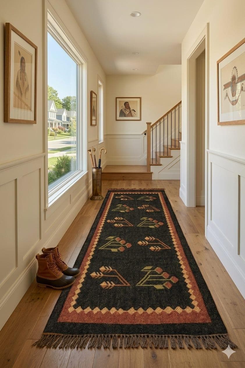 Dark Southwestern Runner Rug, Tribal Boho Hallway Runner, Navajo Style Kilim Rug, Rustic Entryway Carpet, Vintage Geometric Long Runner