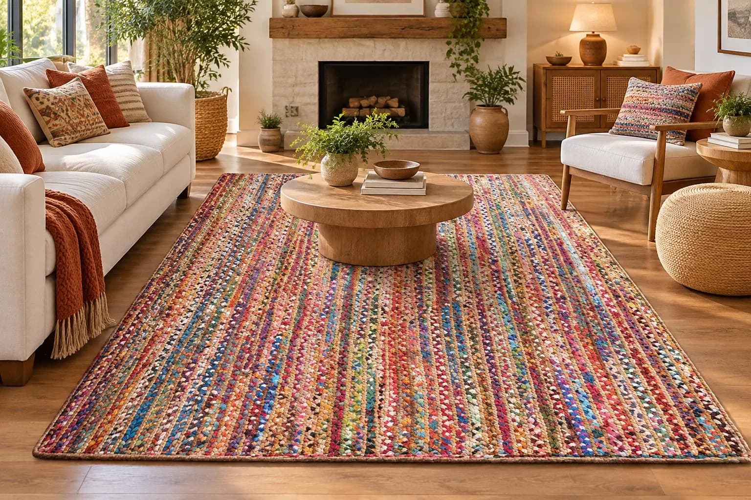 Multicolor Jute Cotton Area Rug, Handwoven Boho Rug, Colorful Flatweave Carpet, Living Room Rug, Farmhouse Decor, Floor Rug, Custom Size Rug