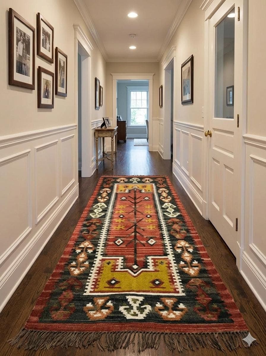 Vintage Tribal Accent Rug, Rust Red Kilim Bedside Rug, Handmade Boho Geometric Carpet, Southwestern Bedroom Floor Mat, Fringe Area Rug Decor
