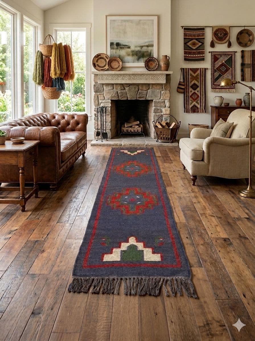 Southwestern Runner Rug , Vintage Navajo Style Wool Kilim, Boho Tribal Hallway Runner, Farmhouse Entryway Rug, Handwoven Geometric Carpet