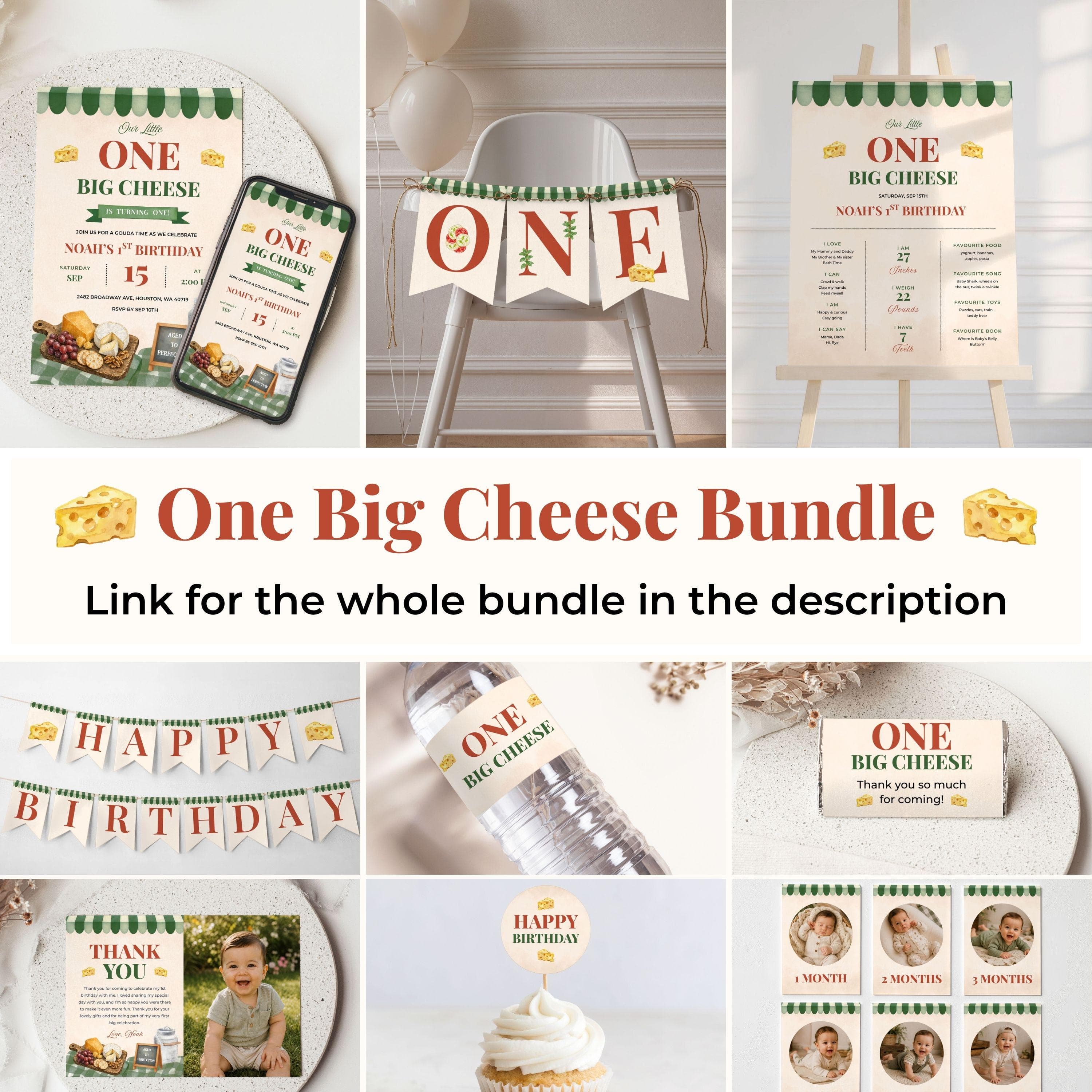 One Big Cheese Milestone Sign | Boy 1st Birthday Keepsake Sign | Charcuterie Birthday | Editable Canva Template | Instant Download - image 4