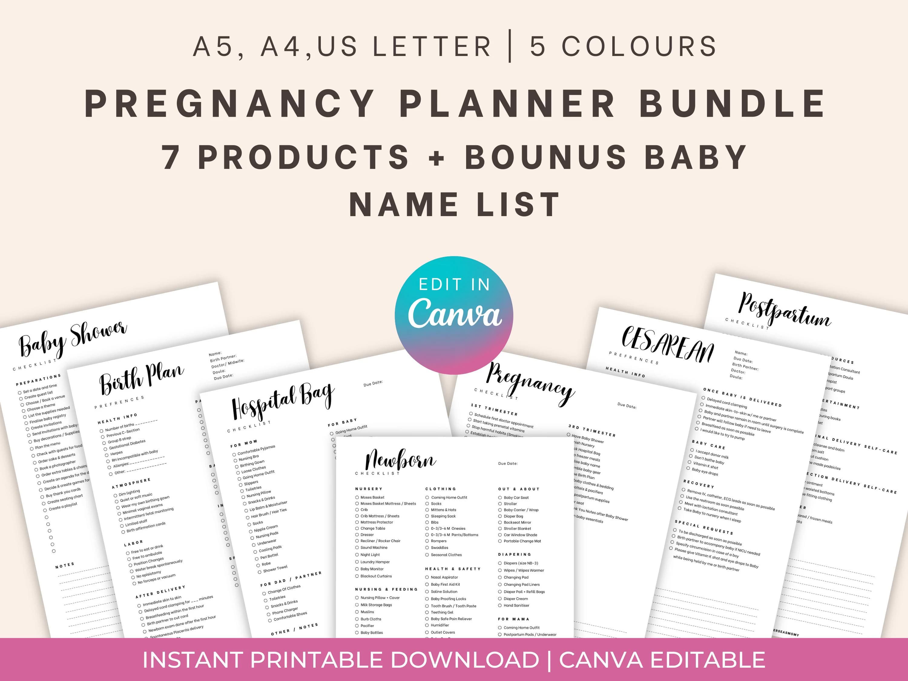 Pregnancy Planner Bundle, Pregnancy Checklist, Hospital Bag Checklist, Baby Shower Checklist, Postpartum Checklist PDF, Edit in Canva