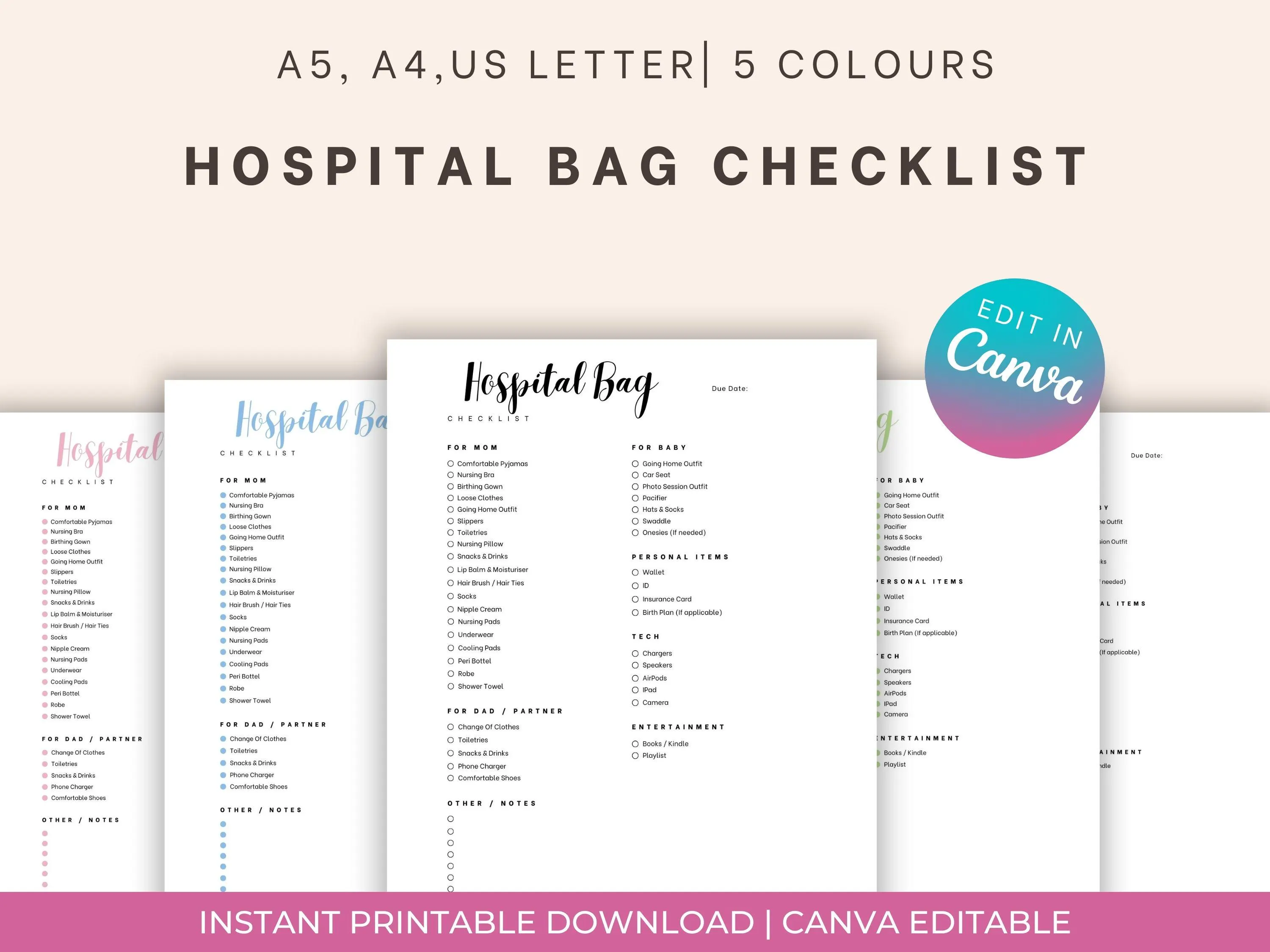 Hospital Bag Checklist, Birth Packing List Template Editable on Canva Printable, INSTANT DOWNLOAD