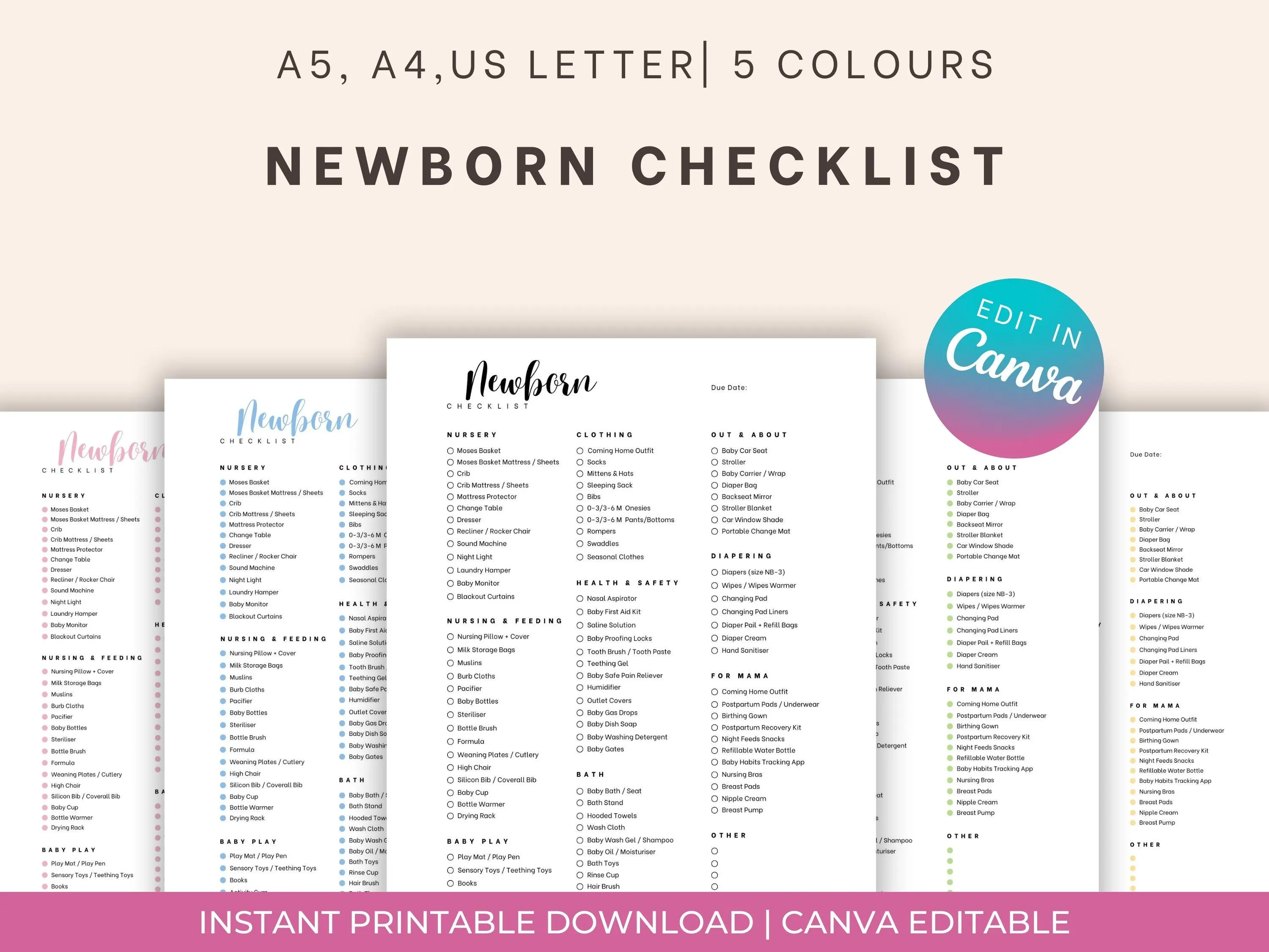 Newborn Checklist, Baby Registry Printable, Canva Template (Digital Download)