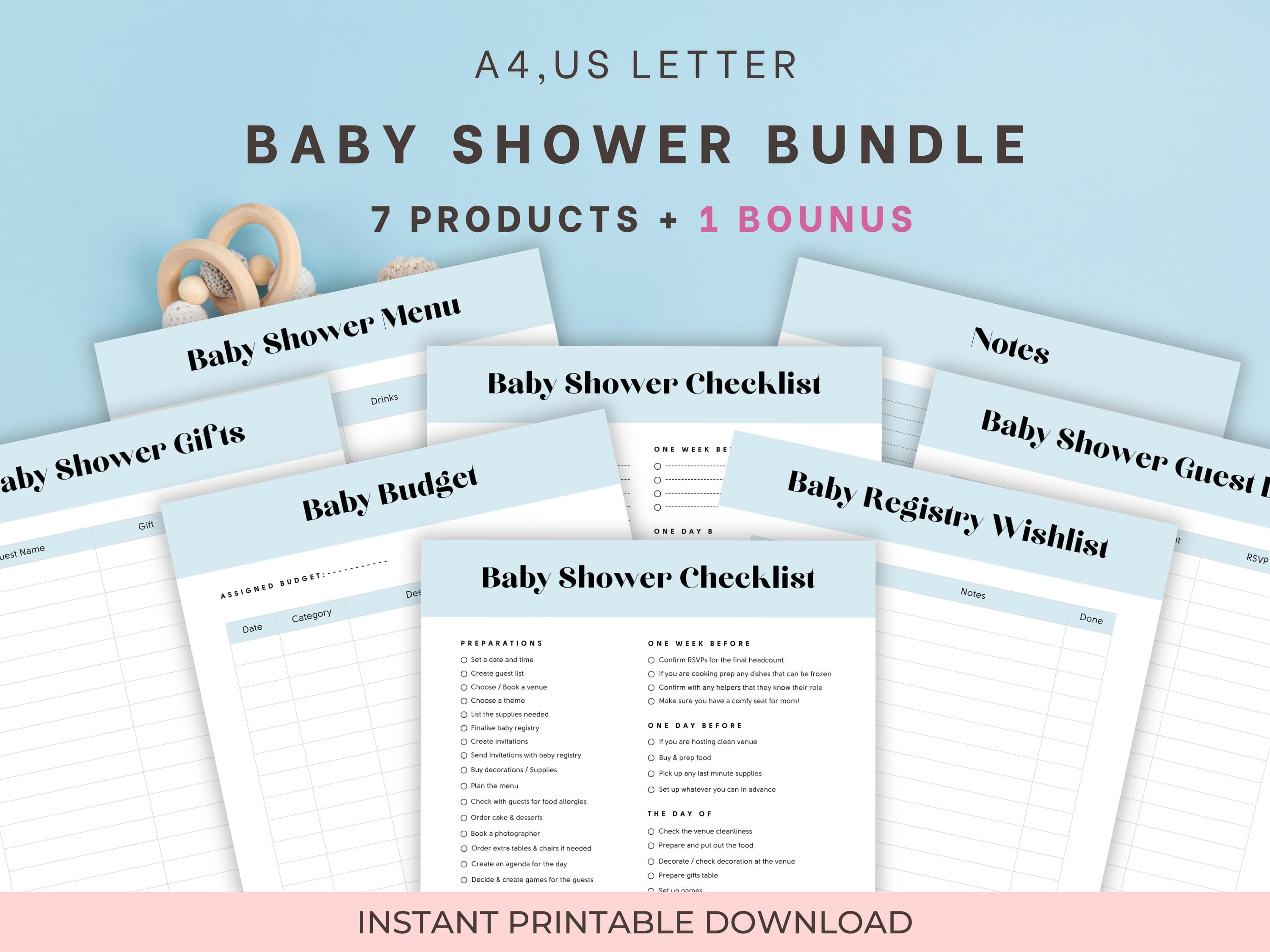 Blue Baby Shower Planner Bundle: Checklist, Budget, Guest List (PDF Download)