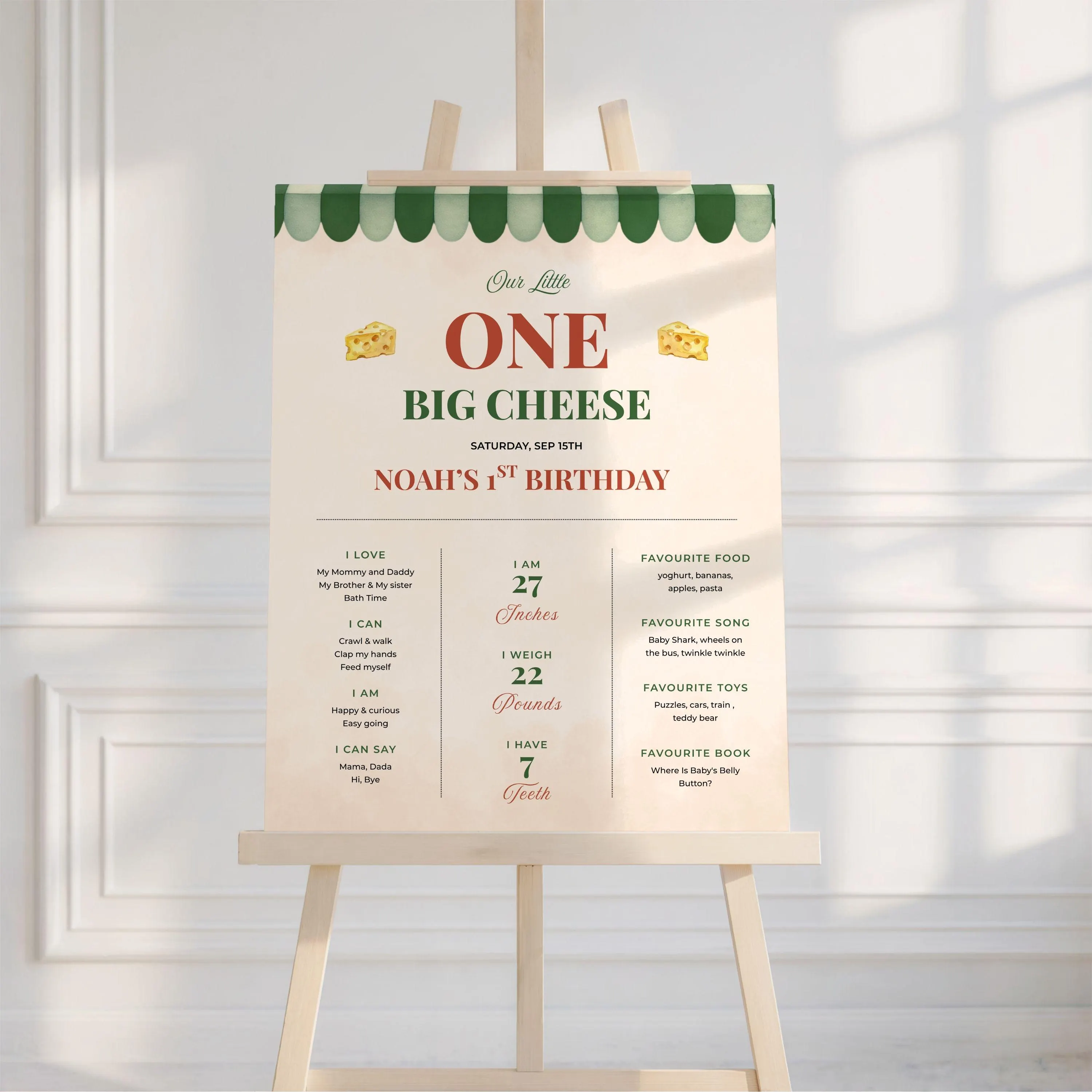 One Big Cheese Milestone Sign | Boy 1st Birthday Keepsake Sign | Charcuterie Birthday | Editable Canva Template | Instant Download