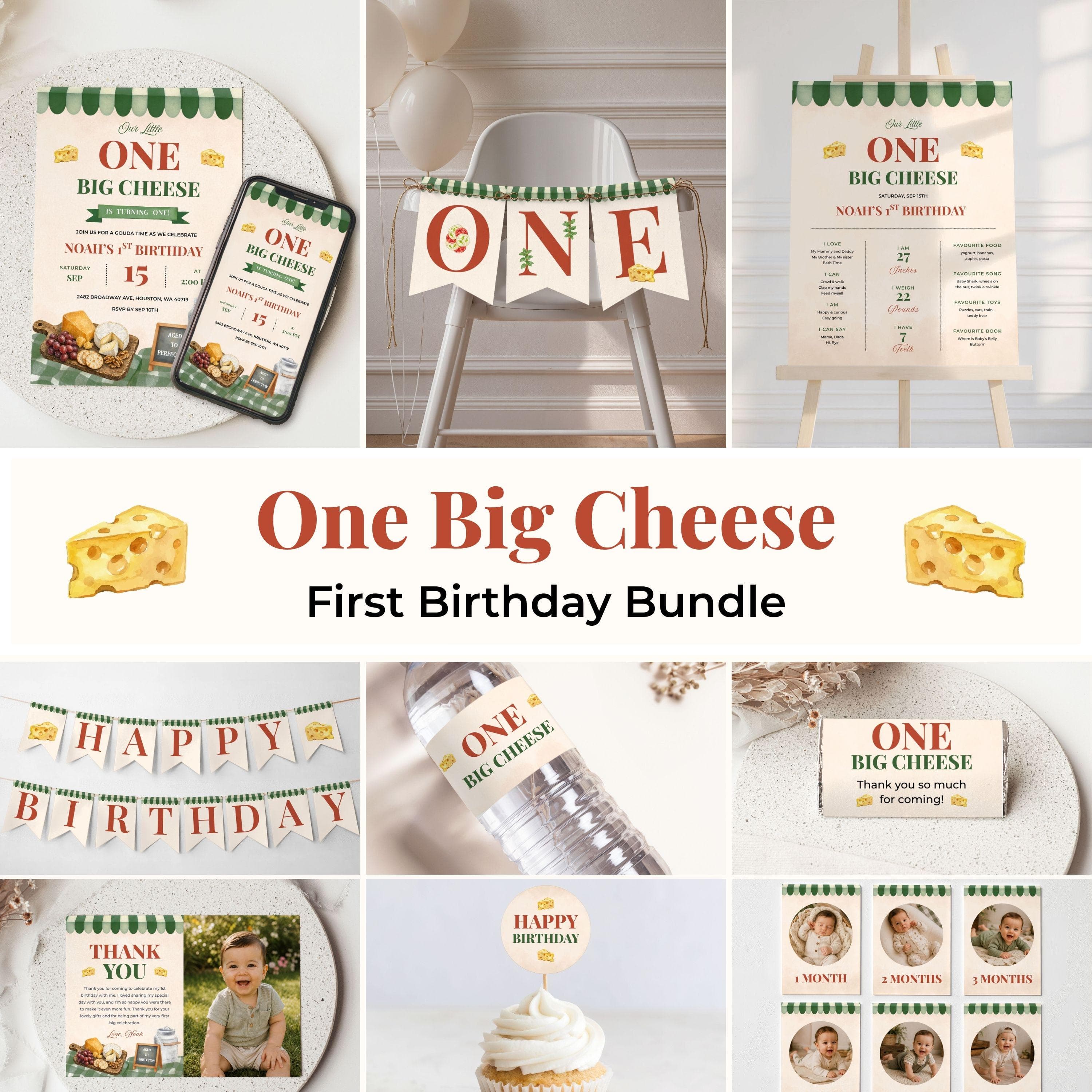 One Big Cheese Birthday Bundle | Boy 1st Birthday Party | Charcuterie | Editable Canva Template | Instant Download