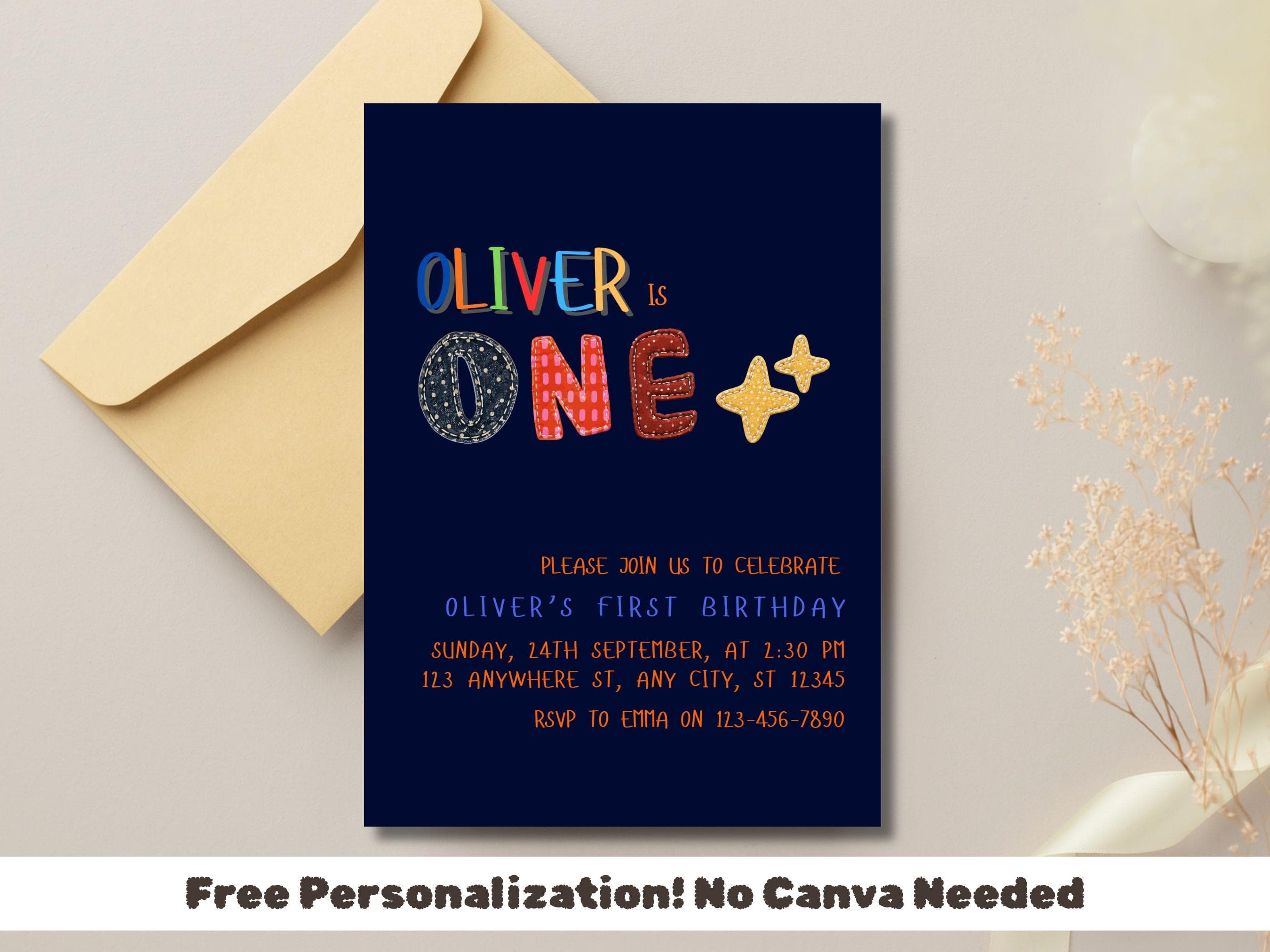 Patchwork Fabric Style 1st Birthday Invitation, Boy Party Invite (Digital Download) BI8