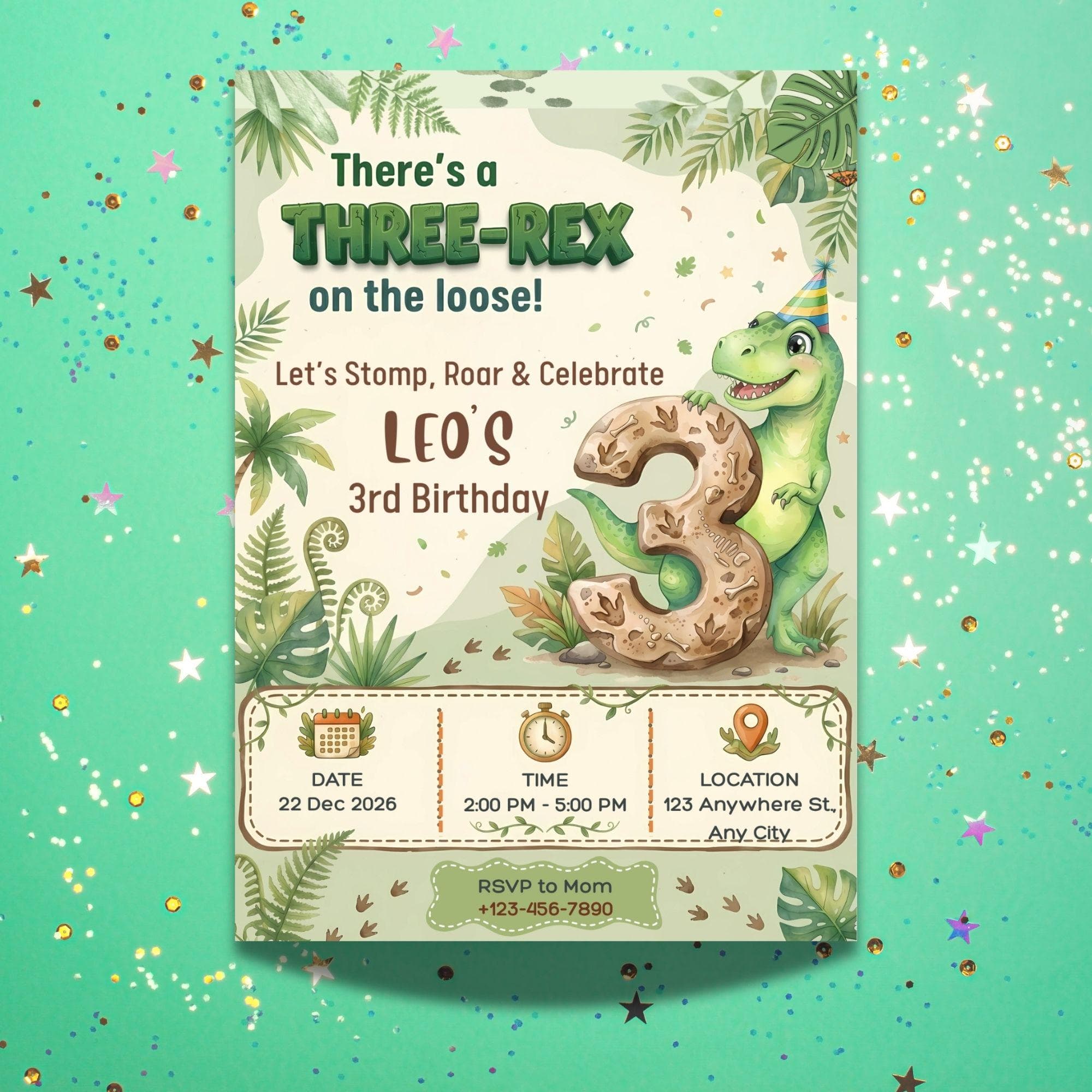 Free Personalization Three-Rex Dinosaur 3rd Birthday Invitation, Boys Dino Theme Party Digital Card BI6 - image 4