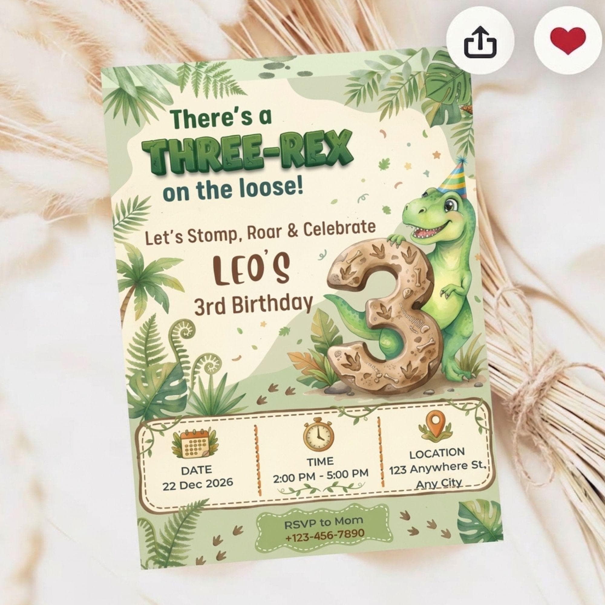Free Personalization Three-Rex Dinosaur 3rd Birthday Invitation, Boys Dino Theme Party Digital Card BI6 - image 3