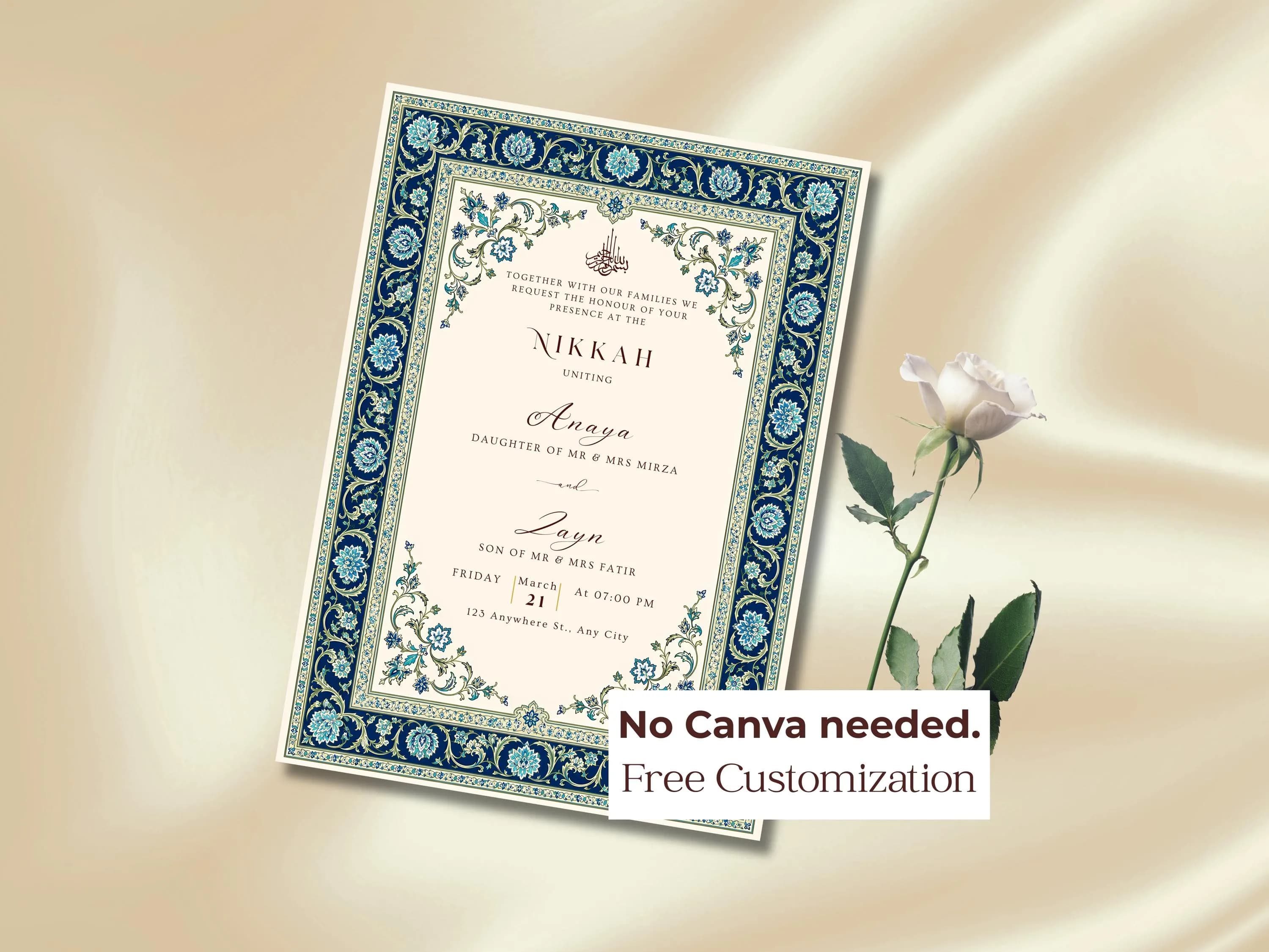 Customized Muslim Wedding Invitation, Nikkah Walima Card digital download, Free Personalization