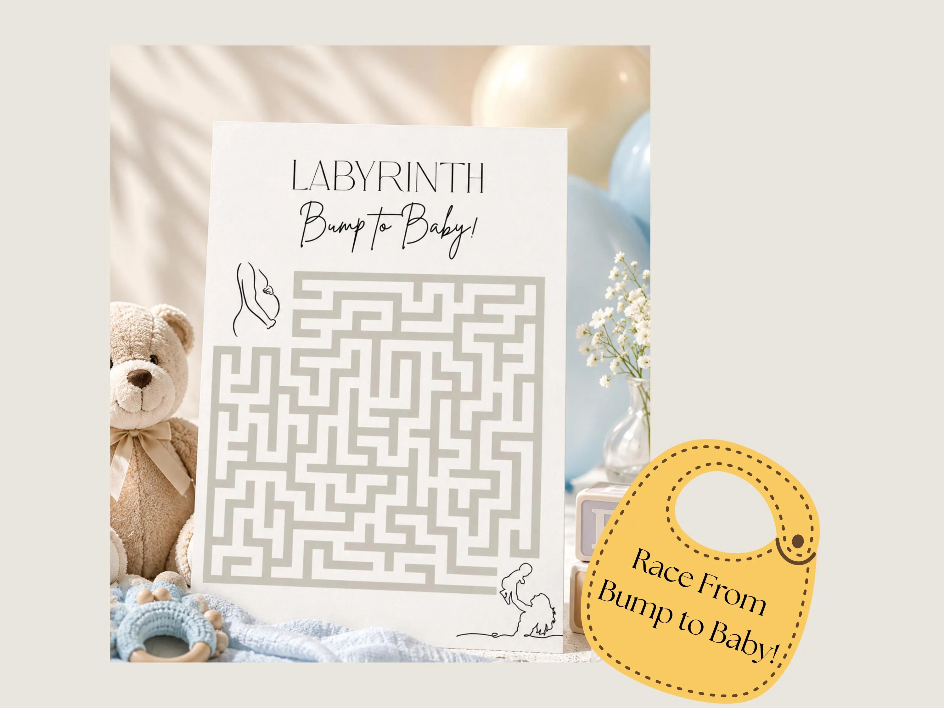Baby Shower Game Maze, Bump to Baby Activity Printable, Minimalist Gender Neutral Digital Download