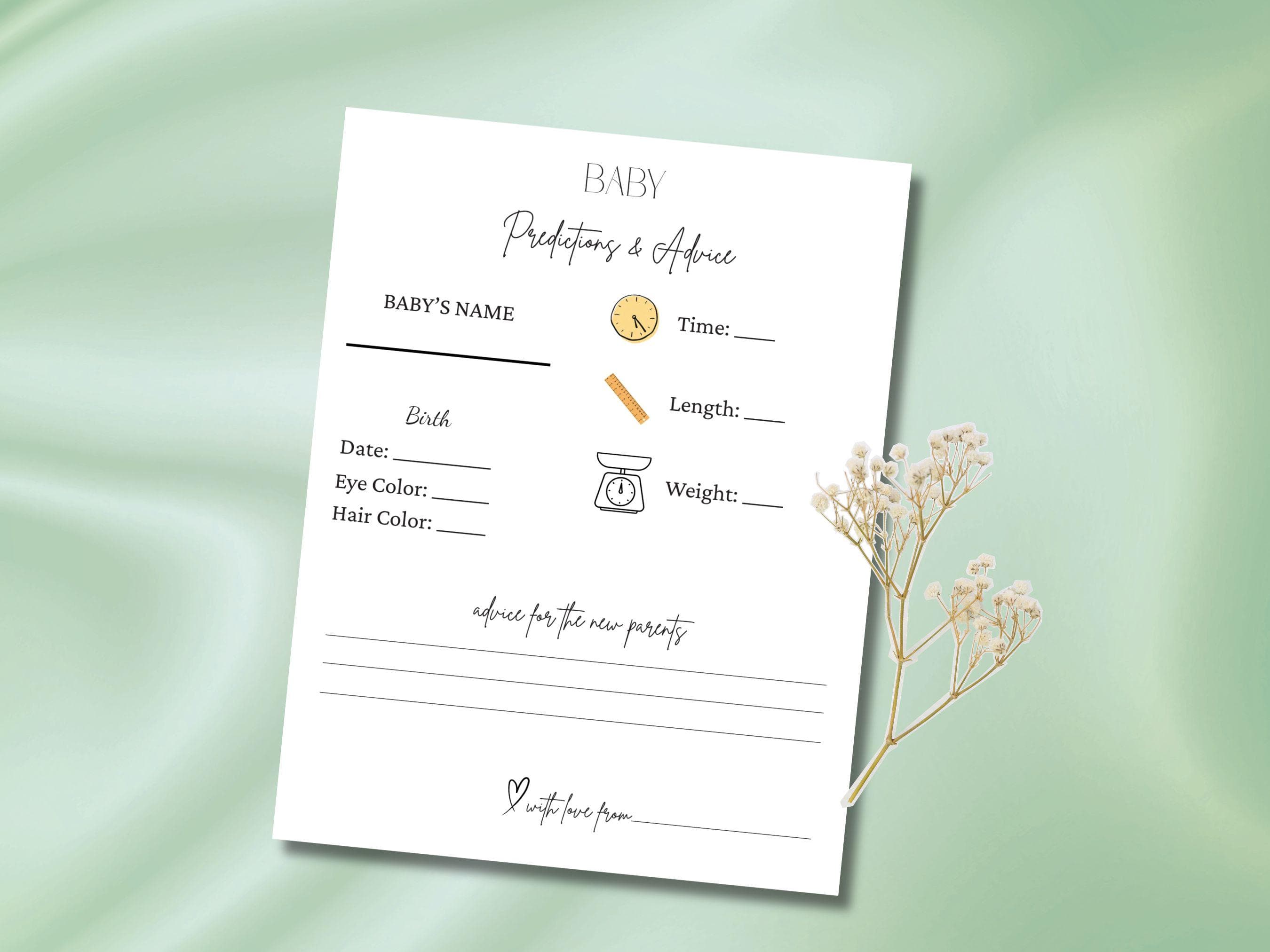Baby Shower Predictions & Advice Game Activity, Minimalist Gender Neutral Digital Download Printable