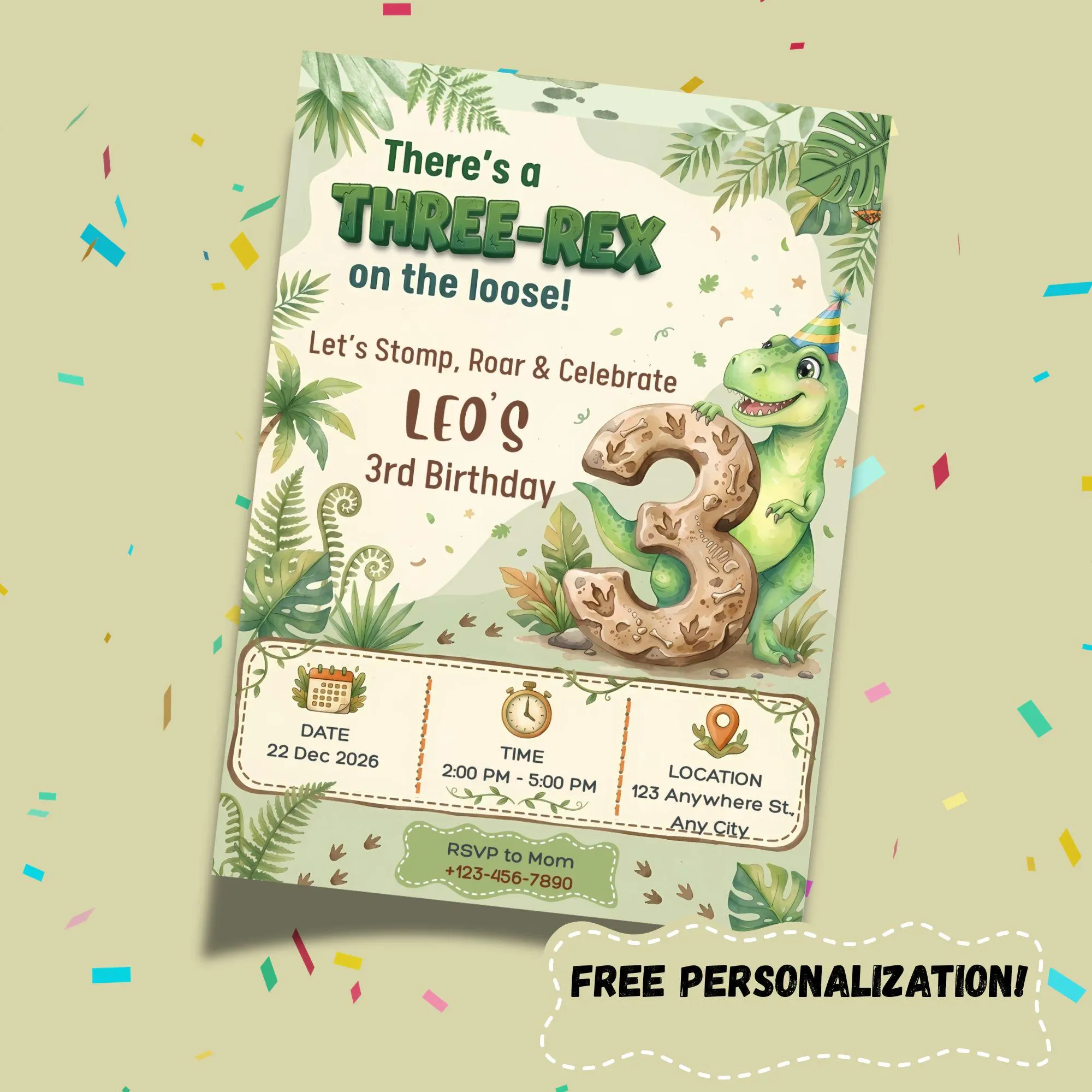 Free Personalization Three-Rex Dinosaur 3rd Birthday Invitation, Boys Dino Theme Party Digital Card BI6