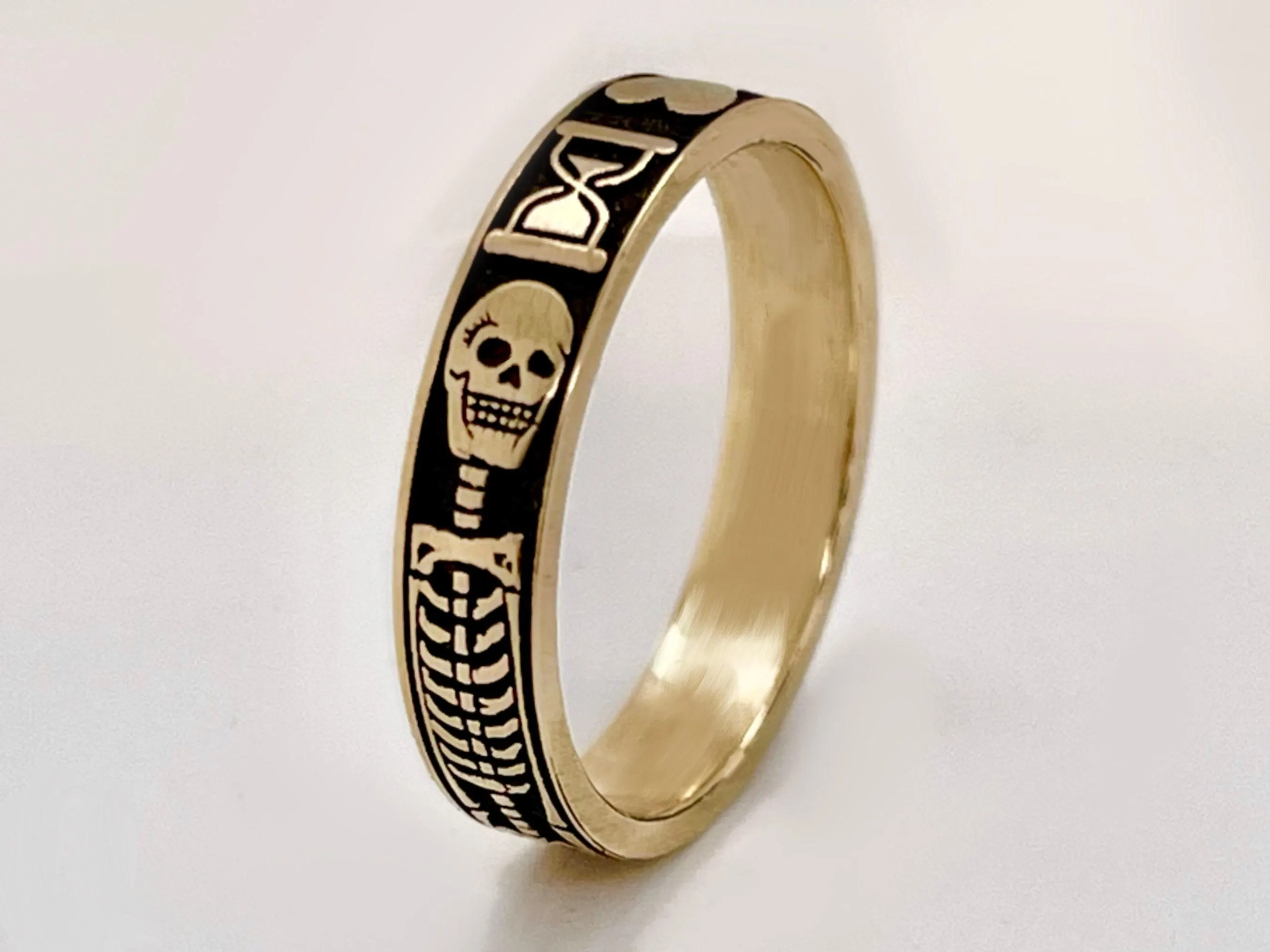 Yellow Gold Memento Mori Ring, Gothic Skeleton Jewelry