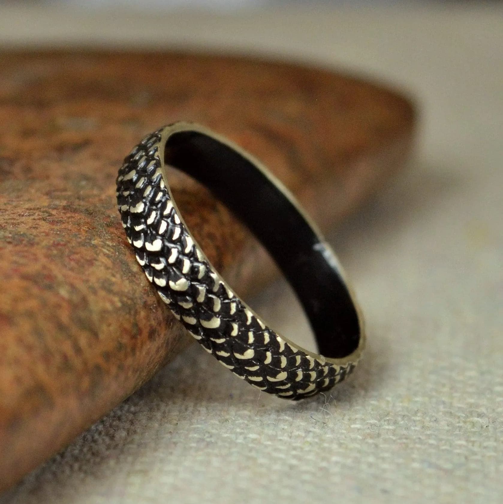 Black Dragon Scale Sterling Silver Ring - Boho Snake Skin Band