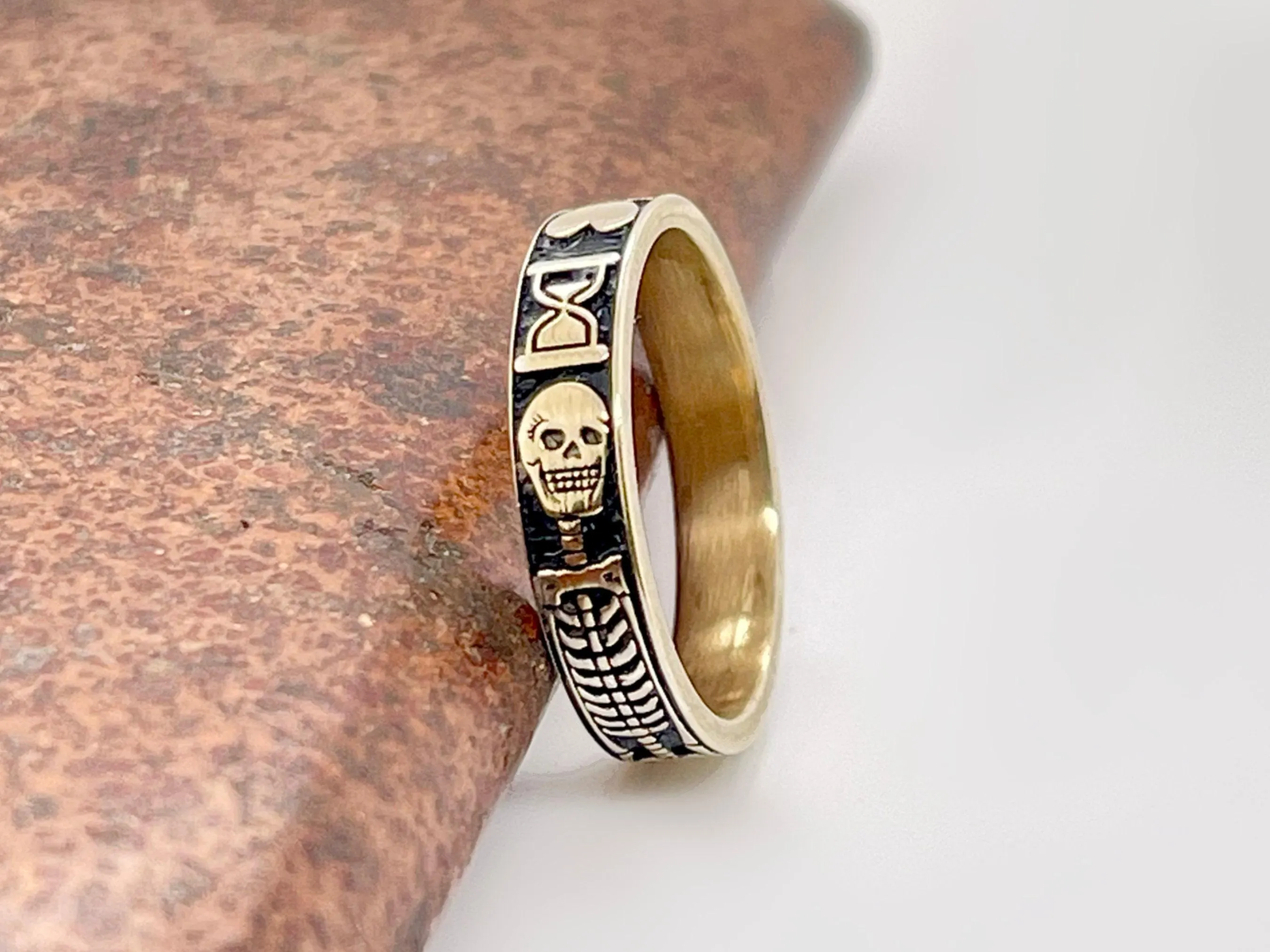 Yellow Gold Memento Mori Ring, Gothic Skeleton Jewelry - image 4