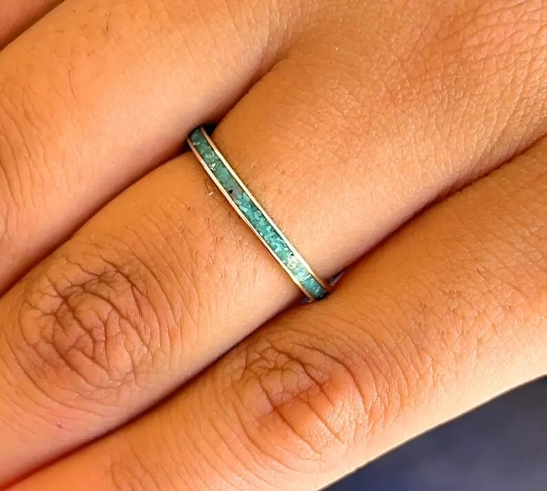 Turquoise Gold Eternity Ring, Thin Wedding Band, Delicate Anniversary Ring - image 3