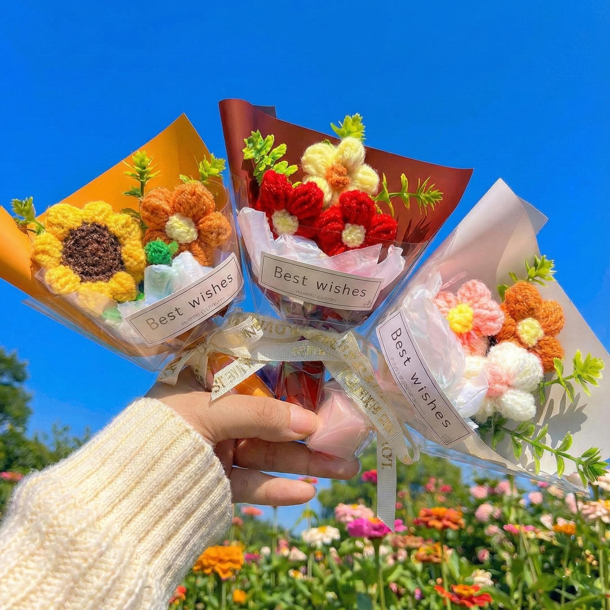 Mini Handmade Crochet Bouquet Gift Puff Flower Yarn Bouquet Decor Ready Multicolor