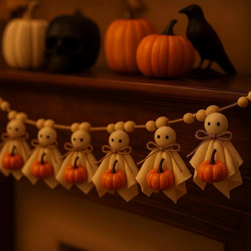 Handmade Felt Ghost & Pumpkin Garland: Cozy Halloween Mantel Decor