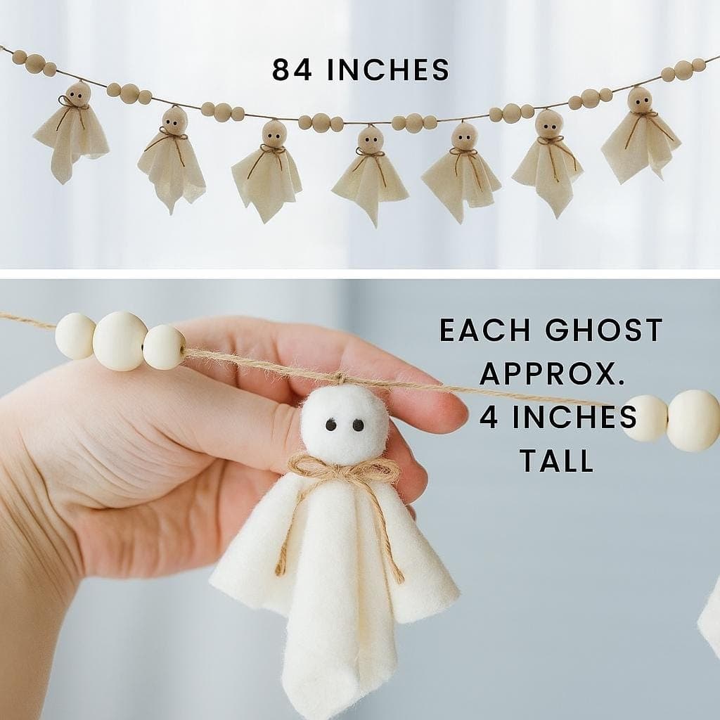 Halloween Ghost Garland: Boho Fabric Banner with Wooden Beads - image 5