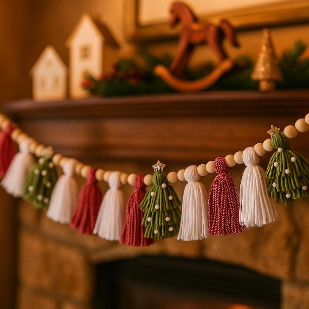 Handmade Christmas Garland: Felt Trees, Tassels & Wooden Beads - image 5