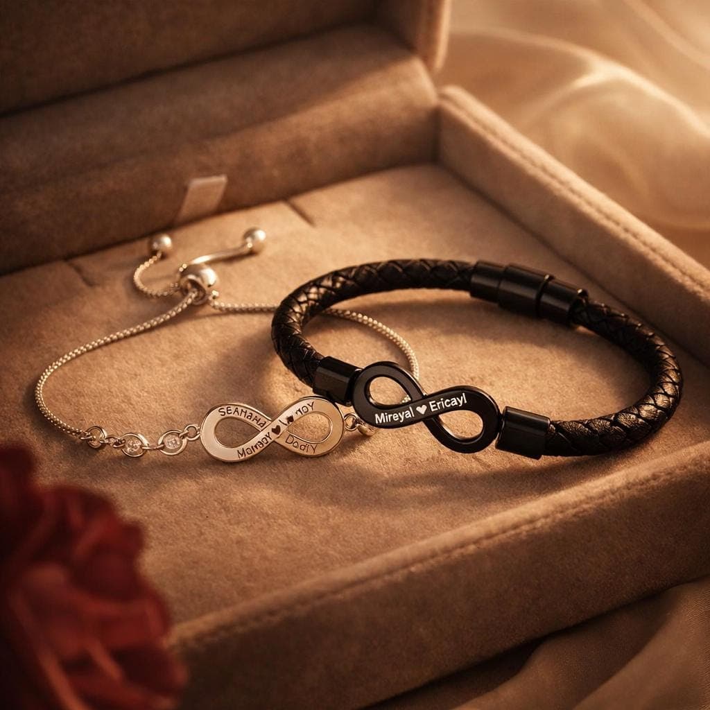 Personalized Infinity Couple Bracelets, Custom Name Matching Bracelets for Him and Her, Engraved Anniversary Gift