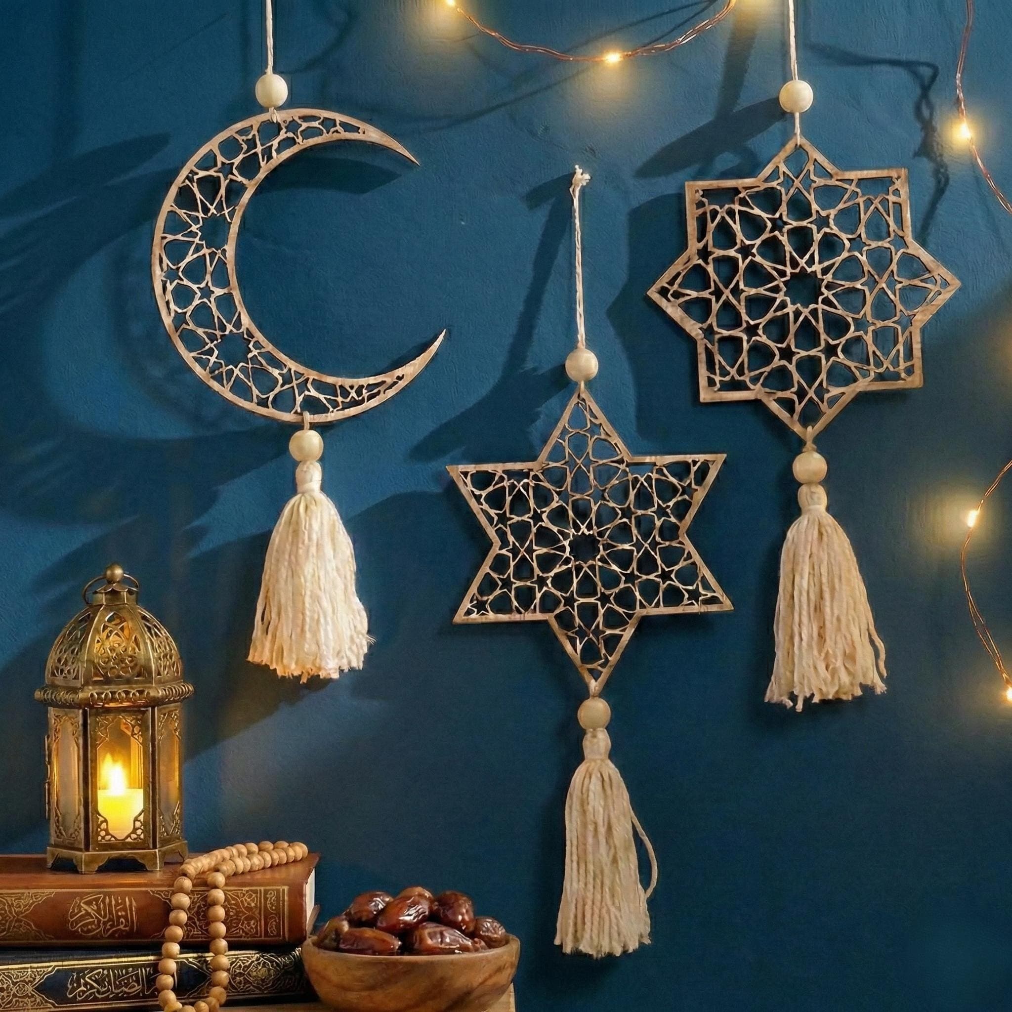 Ramadan Decor Hanging, Wooden Ramadan Moon Star Ornaments, Islamic Decoration for Home, Ramadan Gift Ramadan Home Decor