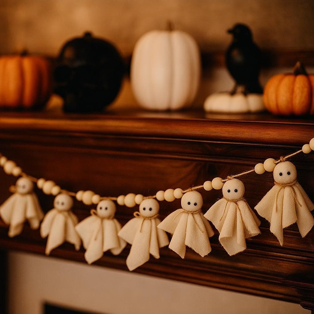 Halloween Ghost Garland: Boho Fabric Banner with Wooden Beads