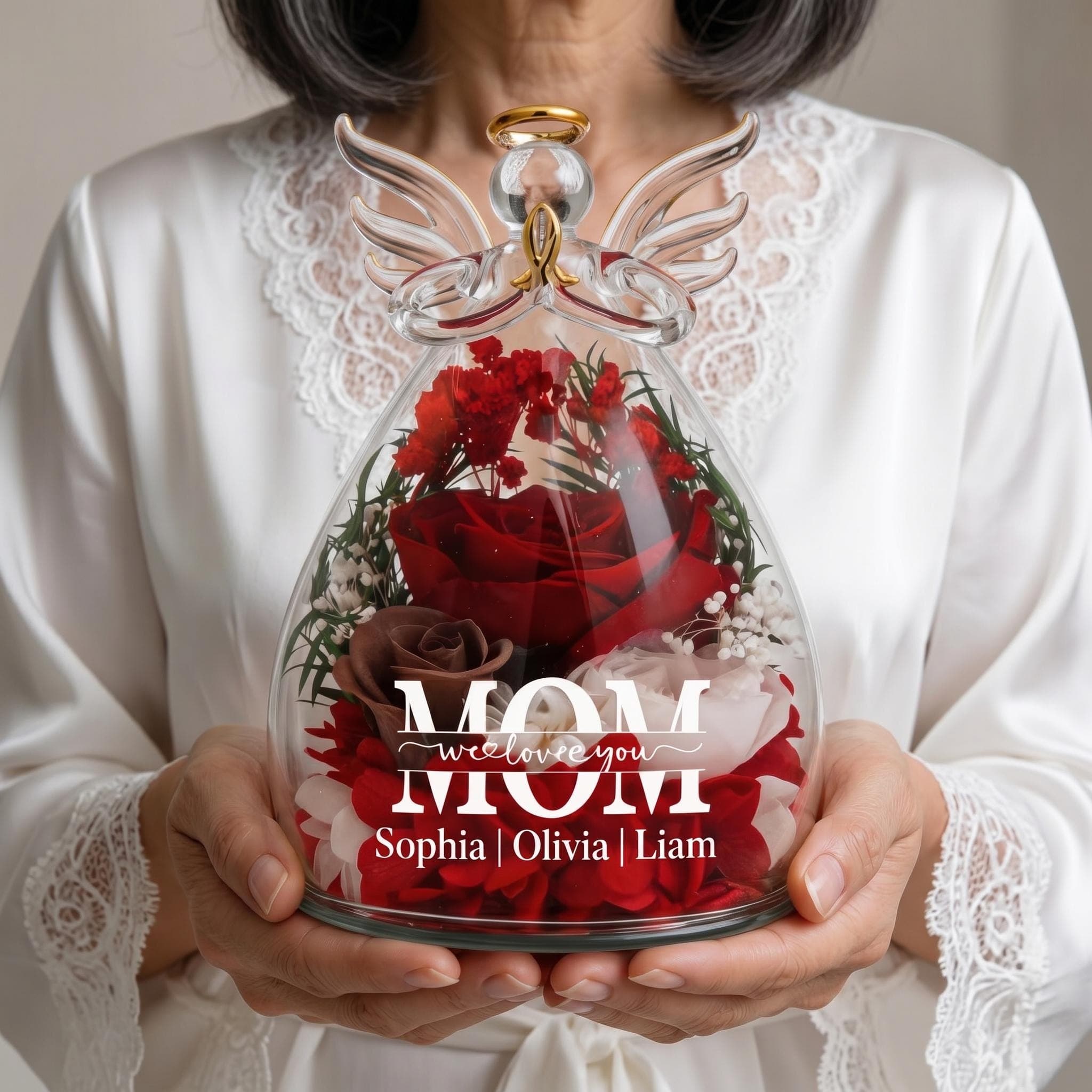 Personalized Angel Preserved Flower Gift, Eternal Rose Glass Angel Figurine, Custom Name Gift for Mom Mothers Day Gift Birthday Gift for Her