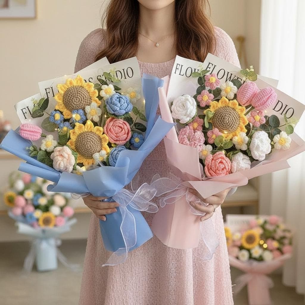 Handmade Crochet Flower Bouquet, Yarn Roses, Tulips, Sunflowers, Forever Floral - image 3