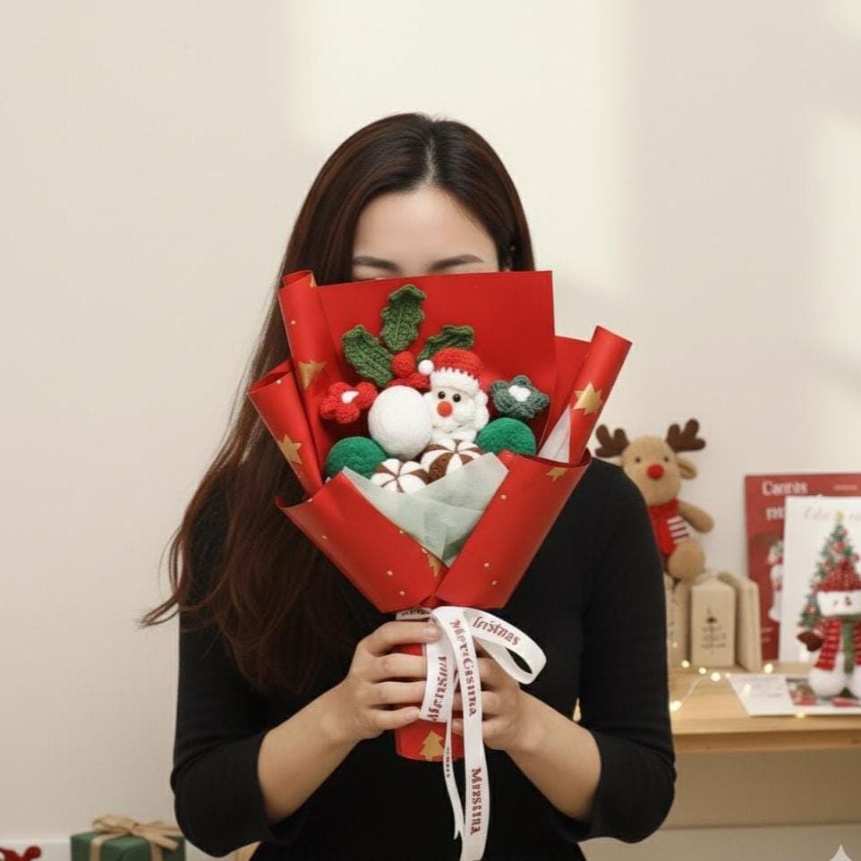 Crochet Christmas Bouquet, Santa Flower Arrangement, Handmade Holiday Decoration - image 4