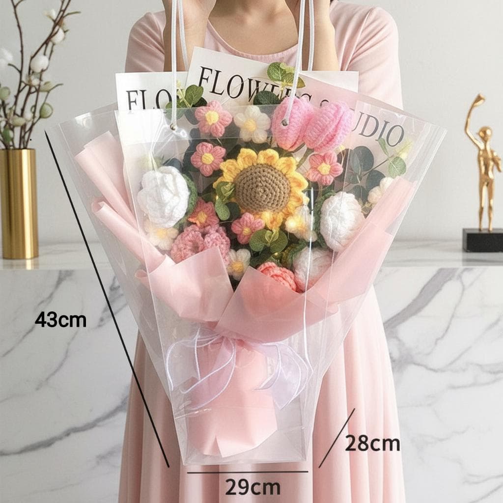 Handmade Crochet Flower Bouquet, Yarn Roses, Tulips, Sunflowers, Forever Floral - image 5
