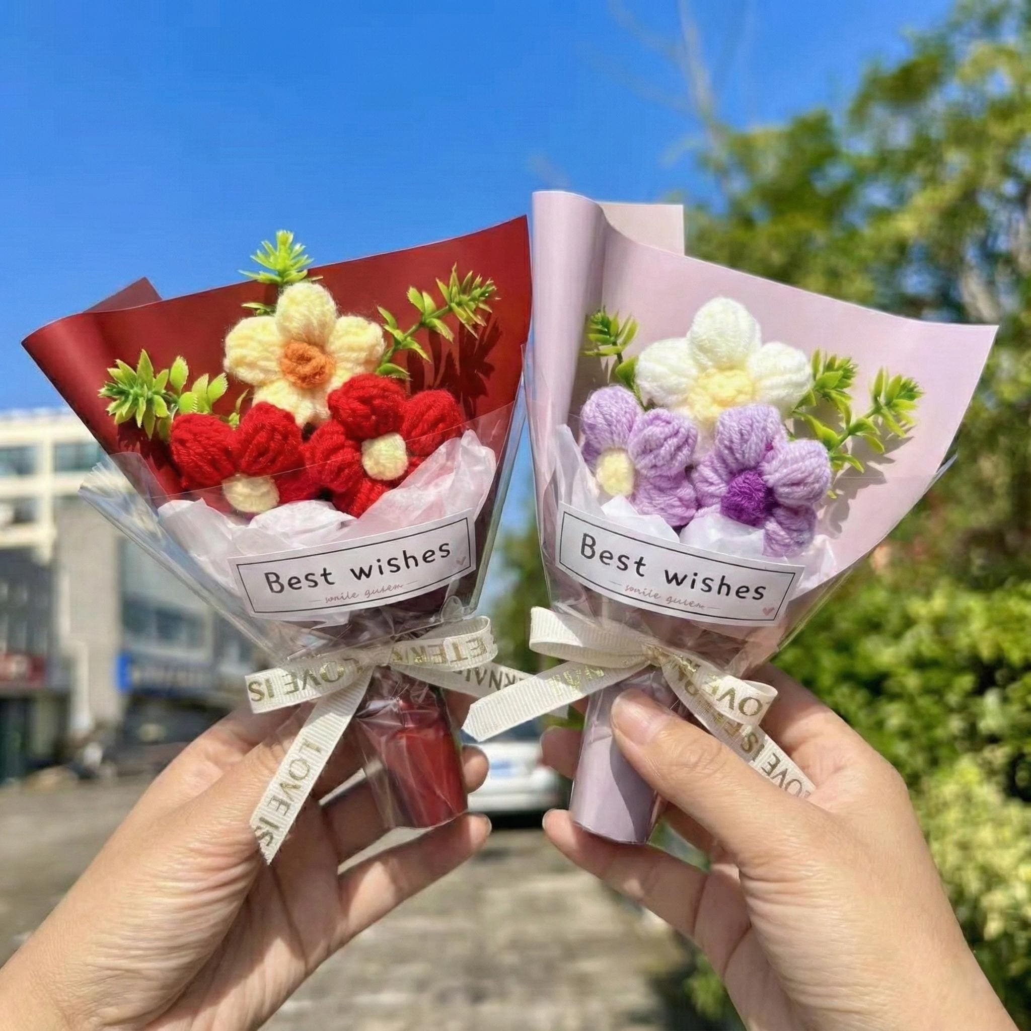 Mini Handmade Crochet Bouquet Gift Puff Flower Yarn Bouquet Decor Ready Multicolor - image 2
